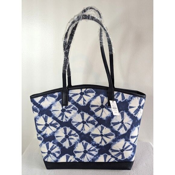 Talbots Tote Bag Shibori Diamond Perfect Tote Bag Blue Large Canvas Coastal NEW - Picture 1 of 6